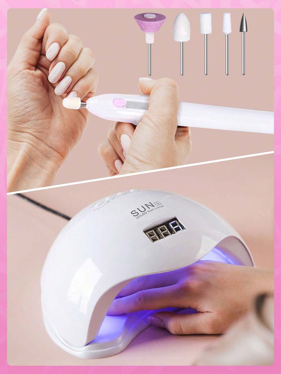 五合一UV美甲灯，快速干甲胶固化灯，电动美甲钻，迷你磨甲器（含5个钻头、6个磨头和6个砂圈），美甲笔卸甲器，亚克力凝胶美甲钻，美甲抛光机，美甲刀，适合家庭或美甲沙龙使用