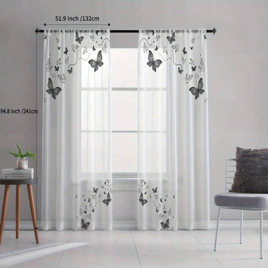 2pcs Black Tulle Curtains With Butterfly And Botanical Patterns, 2D Flat Print, Translucent Fabric, Suitable For Living Room, Bedroom, Dining Room, And Kitchen, With A Rod Bag Design And A Modern Minimalist Style. - Multicolor - View 1