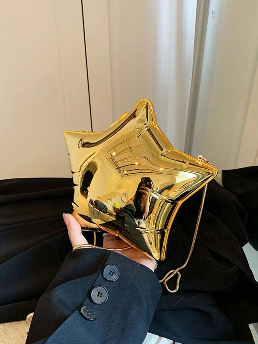 Mini Fashionable Evening Bag, Metallic Color Molded Asymmetric Star Shaped Shoulder Crossbody Bag, Party Clutch, Phone Pouch, Lipstick Case, Inflatable Balloon Box, Star Shaped Accessory Bag