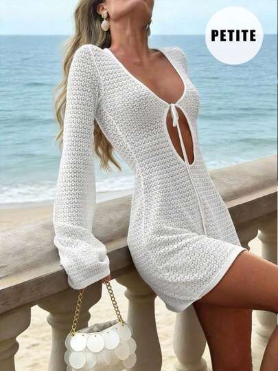 2026 White Crochet Knit Cover-Up Dress, Sexy Lace-Up Front Hollow Out Mini Dress With Flare Sleeves, Multifunctional Beach Swimsuit Cover-Up & Layering Essential For Summer Vacation, Lightweight Breathable Knit Fabric, Fashionable Minimalist Swimsuit Coverup, Fitted Silhouette