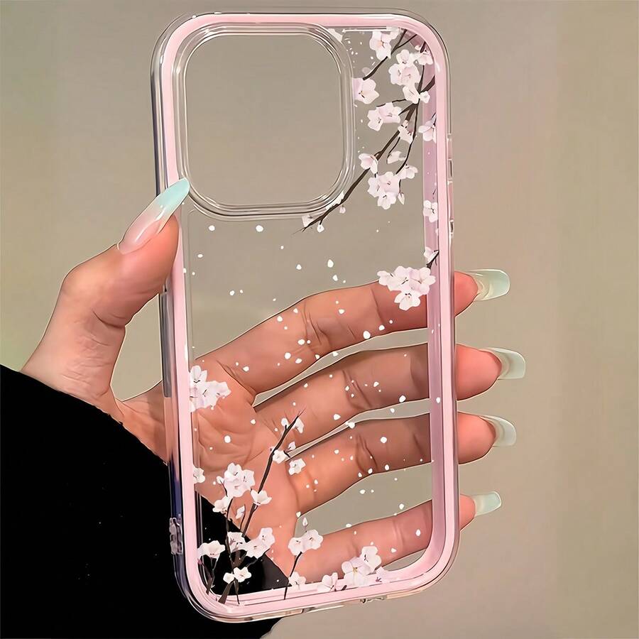 1 pieza Funda de teléfono transparente con marco rosa, patrón diagonal de flor de durazno, protección antichoque y anti caídas, compatible con iPhone 16 Pro Max, 17/16/15/14 Plus, 13/12/11 Series - Multicolor - Ver 1