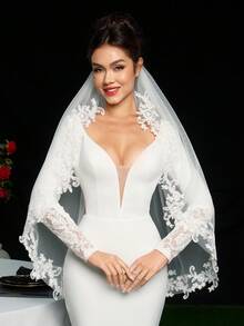 1 pieza Velo de novia con borde de encaje de longitud hasta la punta de los dedos, incluye peine de metal, disponible en blanco e marfil - Multicolor - Ver 10