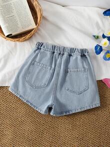 1件女童休闲牛仔短裤，时尚甜美又个性，饰有蝴蝶结刺绣，浅蓝色水洗，夏季款 - 淺色水洗藍 - 查看 2