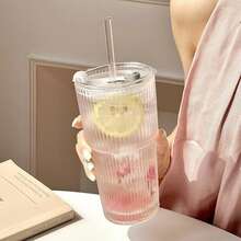 1pc High-Quality Vertical Striped Straw Lid Glass Cup - Large Capacity Glass Drinking Cup, Suitable For Coffee, Tea, Iced Americano And Latte | Home Milk Cup - Multicolor - View 13