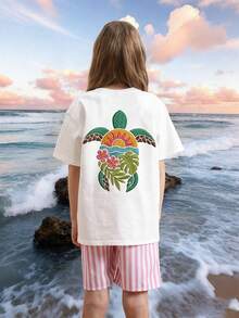 1pc Tween Girls' Sea Turtle Print Short Sleeve T-Shirt, Student Youth Apparel, Summer Top Prepared For Girls To Play - White - View 2