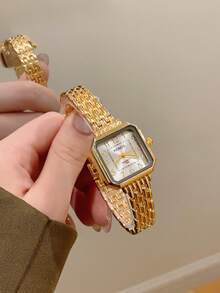 1 pieza Reloj de cuarzo cuadrado de mujer de estilo minimalista plateado, adecuado para combinar con atuendos diarios, regalo de cumpleaños/graduación, fiesta - Dorado - Ver 6
