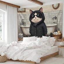 1 tấm thảm trang trí nghệ thuật độc đáo - Hình mèo mặc áo khoác treo tường phòng tắm, chất liệu vải polyester, hoàn hảo cho Halloween, Giáng sinh. - Nhiều màu - Xem 6