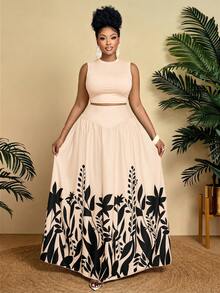 BIUBIU 大码女式两件套，碎花露脐上衣搭配长裙，优雅夏季派对及度假装扮 - 杏黑花 - 查看 4