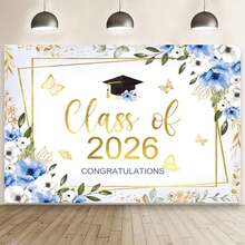 1pc Class Of 2026 Congratulations Banner Backdrop Floral Congrats Grad Photography Background Pastel Butterfly Graduation Party Decor Gold Confetti Prom 2026 Party Banner Photo Booth Props - Kiểu 3 - Xem 1