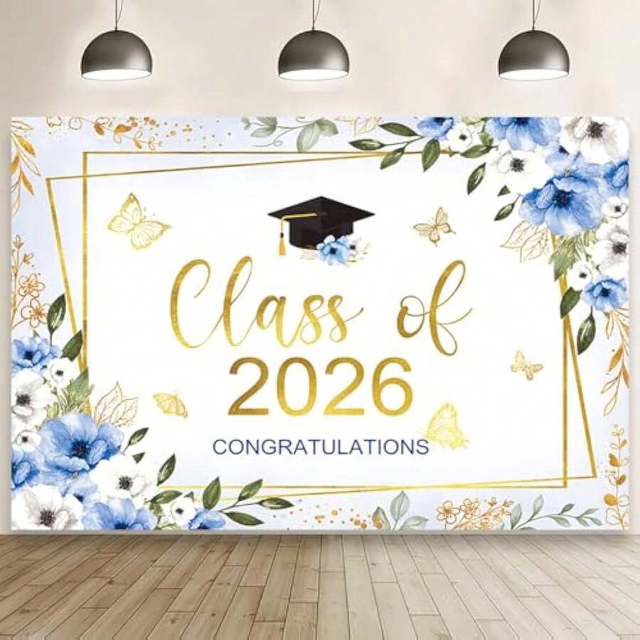1pc Class Of 2026 Congratulations Banner Backdrop Floral Congrats Grad Photography Background Pastel Butterfly Graduation Party Decor Gold Confetti Prom 2026 Party Banner Photo Booth Props - Kiểu 3 - Xem 1