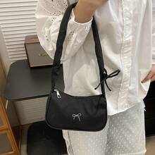 Women's Minimalist Bow Decor Crescent Shoulder Bag, Zipper Closure Solid Color, Suitable For Office/School/Commute - Black - View 7