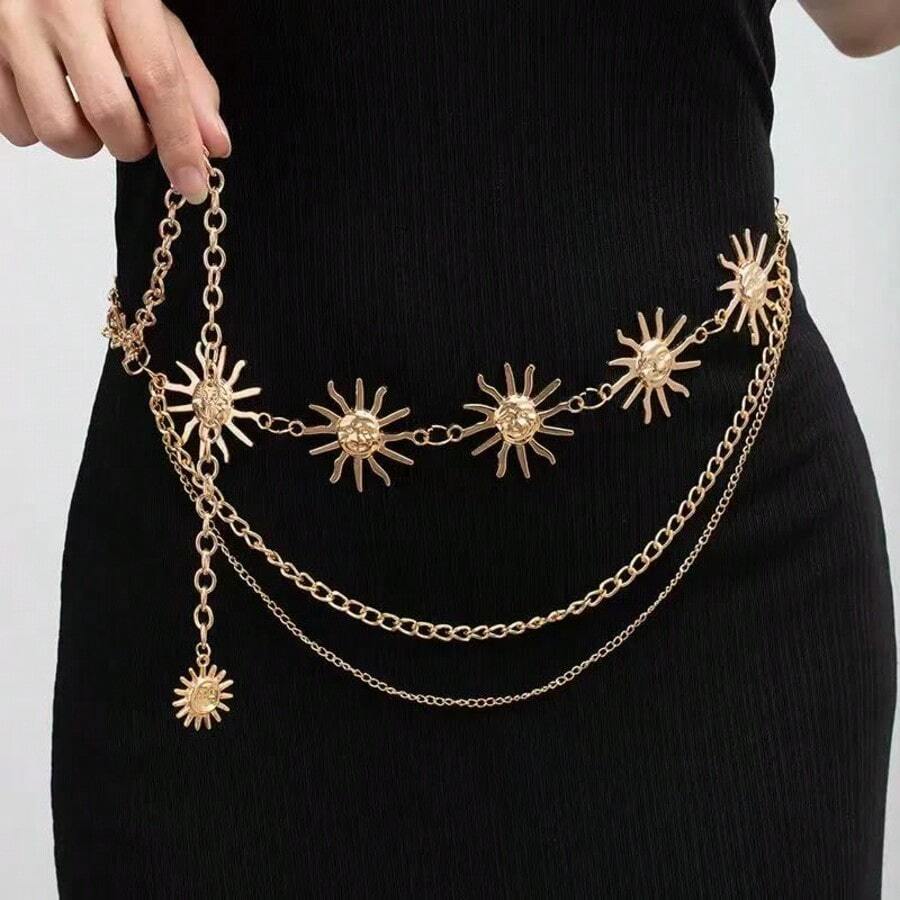 Multi-Layer Sun & Moon Chain Waist Belt, Metal Waist Chain For Women Dresses - Sunflower - View 1