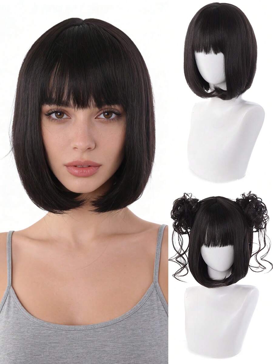 合成假发，波浪卷发，黑色短直发，整齐刘海，卷曲发髻，凌乱发髻 - 彩色 - 查看 1