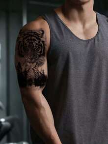 1pc Paper Temporary Tattoo, Tiger Forest Pattern, Realistic Long-Lasting Non-Reflective Tattoo Sticker, Multipurpose Unisex Body Art Waterproof Sweatproof, Suitable For Abdomen, Back, Leg, Looks Like Real Tattoo, & Easy To Apply, Lasts 7-10 Days - Black - View 6