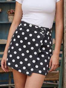 Women Denim Wrap Skirts Casual Summer Dot Print Mini Jeans Skirt For Beach Vacation Club Streetwear - 黑色 - 查看 3