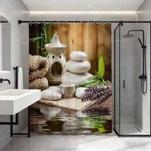 禅意SPA叠石浴帘，薰衣草竹纹图案香薰灯，防水防霉涤纶浴帘套装（含挂钩），舒缓SPA风格浴室装饰，减压卫生间装饰，送给健康爱好者的礼物 - 白紫 - 查看 4