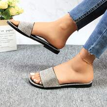 Women Slippers Sandals Casual Bling Rhinestone Crystals Mules Women's Glitter Sandal Flat Open Toe Sparkle Slides Sandals For Women - 黑色 - 查看 6
