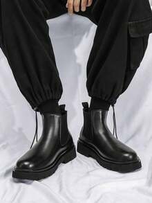 1 Pair Men's Stylish Black Chelsea Boots, Thermal Lining Thick Sole Elevator, Minimalist Versatile & - Black - View 3