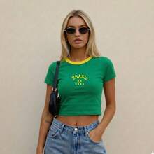 Cropped T-Shirt Brazil World Cup Flag Print - 藍色 - 查看 3
