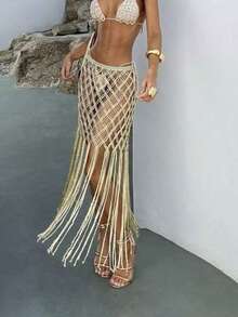 Women's Tassels Fringe Crochet Beach Boho Cover Up Skirt Swimsuit Coverups - 米色 - 查看 3