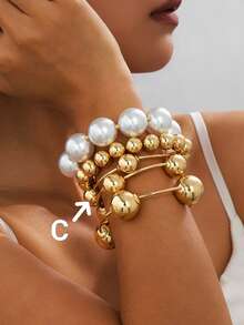 1/5 piezas Brazalete elástico exagerado vintage de oro/perla macizo, accesorio de playa para mujer adecuado para citas, sesiones de moda, vacaciones, joyería decorativa de encanto como regalo - Amarillo Oro - Ver 8