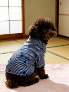Ropa para mascotas, ropa para gatos y perros, camisa transpirable de primavera para mascotas, con patrón de rayas azul y blanco con estrellas, camisa casual adecuada para gatos y perros - Azul - Ver 4
