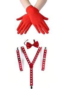 3pcs Set: Red Gloves, Bow Tie Suspenders, Adult Valentine's Day Costume Accessories - New Heart Print Fashion Suspenders - Red - View 3