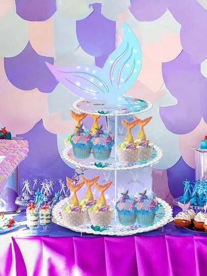 1个，三层美人鱼尾巴纸杯蛋糕架，美人鱼主题生日派对装饰，适用于迷你蛋糕、甜点、糕点、甜甜圈、马卡龙、草莓、巧克力糖果