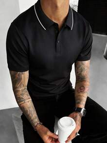 1pc Men's Black Polo Shirt With Contrast Collar, Knit Breathable Fabric, Business Casual Style Suitable For Office, Golf, Weekend - Black - View 1