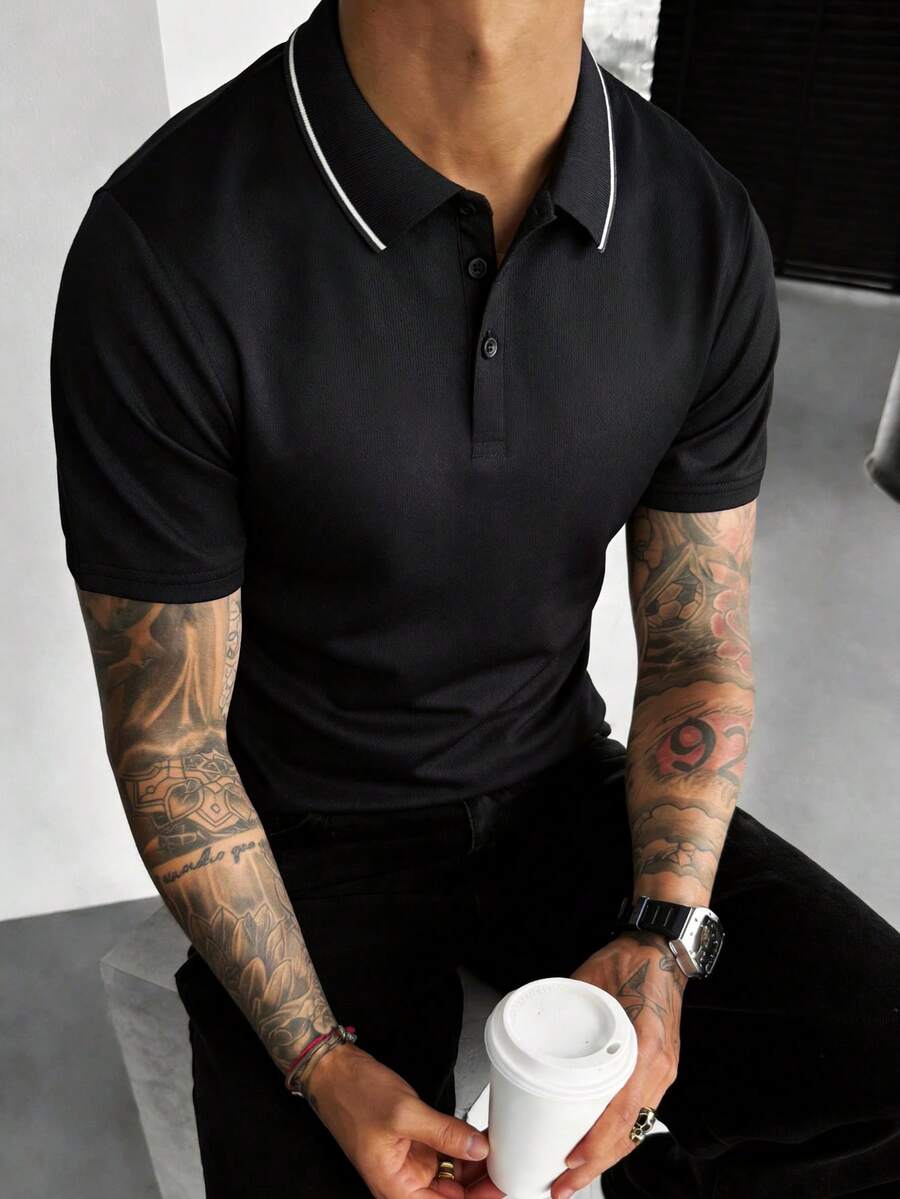 1pc Men's Black Polo Shirt With Contrast Collar, Knit Breathable Fabric, Business Casual Style Suitable For Office, Golf, Weekend - Black - View 1