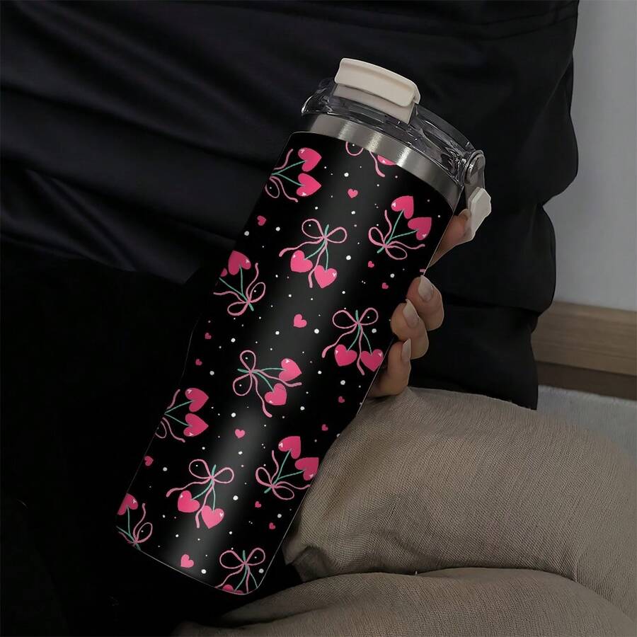 1個/5個 30oz 黑粉色愛心蝴蝶結保溫隨行杯,附手把,Y2K風格情人節禮物,適合冰咖啡、果汁、燕麥奶,女友生日禮物,日常旅行杯 - 彩色 - 查看 1
