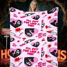 1PC Ghostface Y2K Horror Flannel Throw Blanket 50"X60" (Multiple Sizes) - All-Over Repeat Print With Pink Heart Ghostface,  & 'I'LL CUT YOU LIKE A FISH' Quote, Tapestry Wall Hanging, Halloween Gift, Room Decor, Perfect For Sofa, Bed, Office, Edgy Horror Gift - multicolour 14 - 查看 6