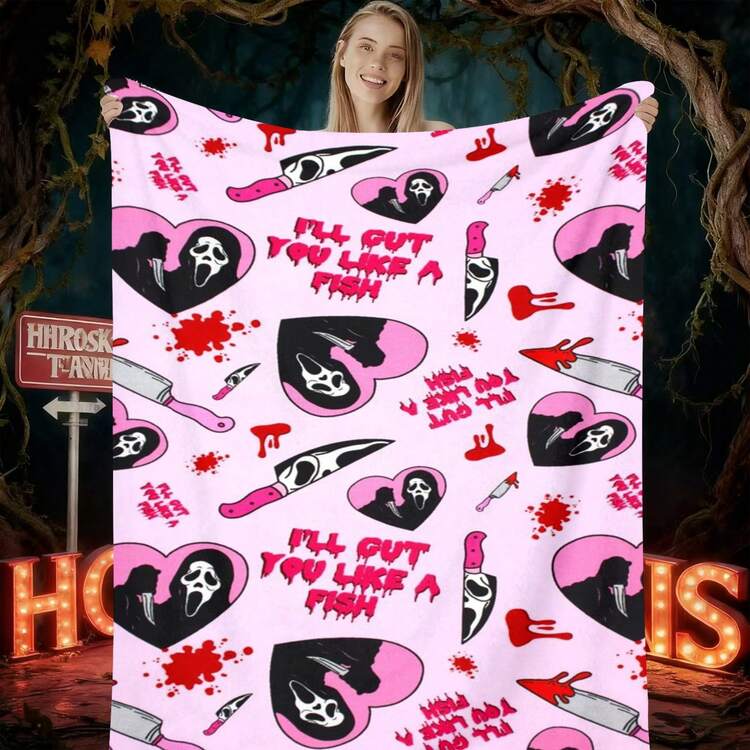 1PC Ghostface Y2K Horror Flannel Throw Blanket 50"X60" (Multiple Sizes) - All-Over Repeat Print With Pink Heart Ghostface,  & 'I'LL CUT YOU LIKE A FISH' Quote, Tapestry Wall Hanging, Halloween Gift, Room Decor, Perfect For Sofa, Bed, Office, Edgy Horror Gift - multicolour 14 - 查看 6