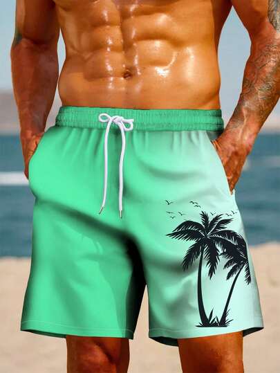 Men's Swim Trunks, Hawaiian Holiday Casual Outdoor Coconut Tree Ombre Pattern 3D Digital Print Relaxed Daily Vacation Single Layer Drawstring Beach Shorts