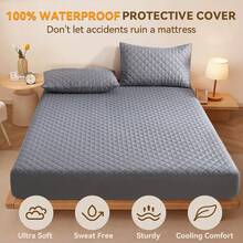 AVXLRQ Warm Waterproof Mattress Protector, Non-Slip Thickened Solid Color Quilted Bed Cover With, Deep Pocket (Soft & Comfortable), Can Be Used As A Separate Bedspread, Ideal For Bedroom, Guest Room And Hotel Mattress Protection,  Optional With Pillowcase ﻿ - Màu xanh lam - Xem 2