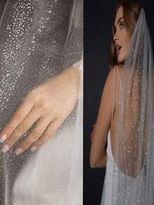 1pc Shiny Lace Bridal Veil, Long Wedding Veil With Trim For Bride - Straight White - View 6