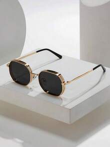Men's Summer Metal Geometric Fashion Glasses, Streetwear Style, Available In Black/Gold - Gold - View 4