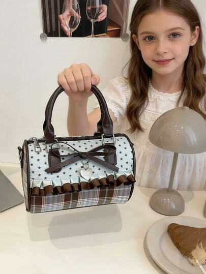 1pc Girl's Printed Bow PU Crossbody Bag, Cute Polka Dot Messenger Handbag