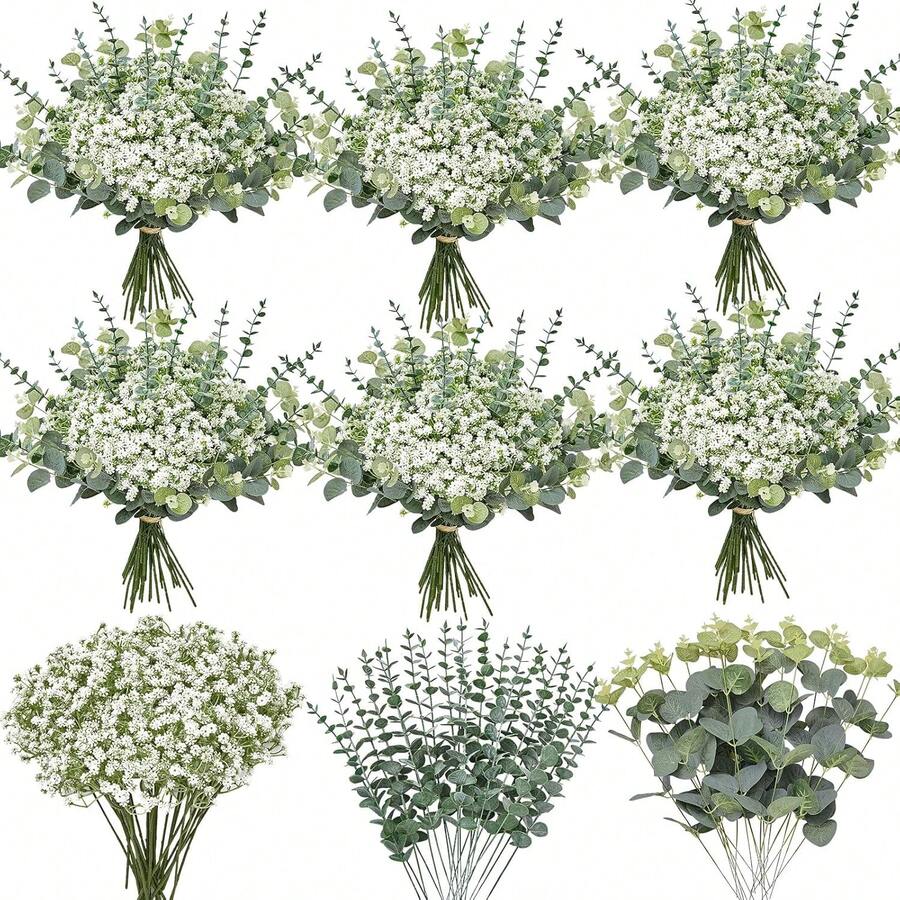 9/18/30/45/60 piezas Flores artificiales de Gypsophila y 2 tipos de ramos de flores artificiales de Eucalipto, adecuados para ramos de novia, decoración de bodas, props de fotografía, decoración del hogar, decoración de habitaciones, decoración de otoño, centro de mesa - Verde - Ver 1