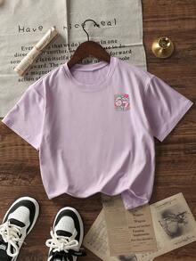 Tween Girls Casual Printed Round Neck Short Sleeve T-Shirt, Summer Top - Mauve Purple - View 4