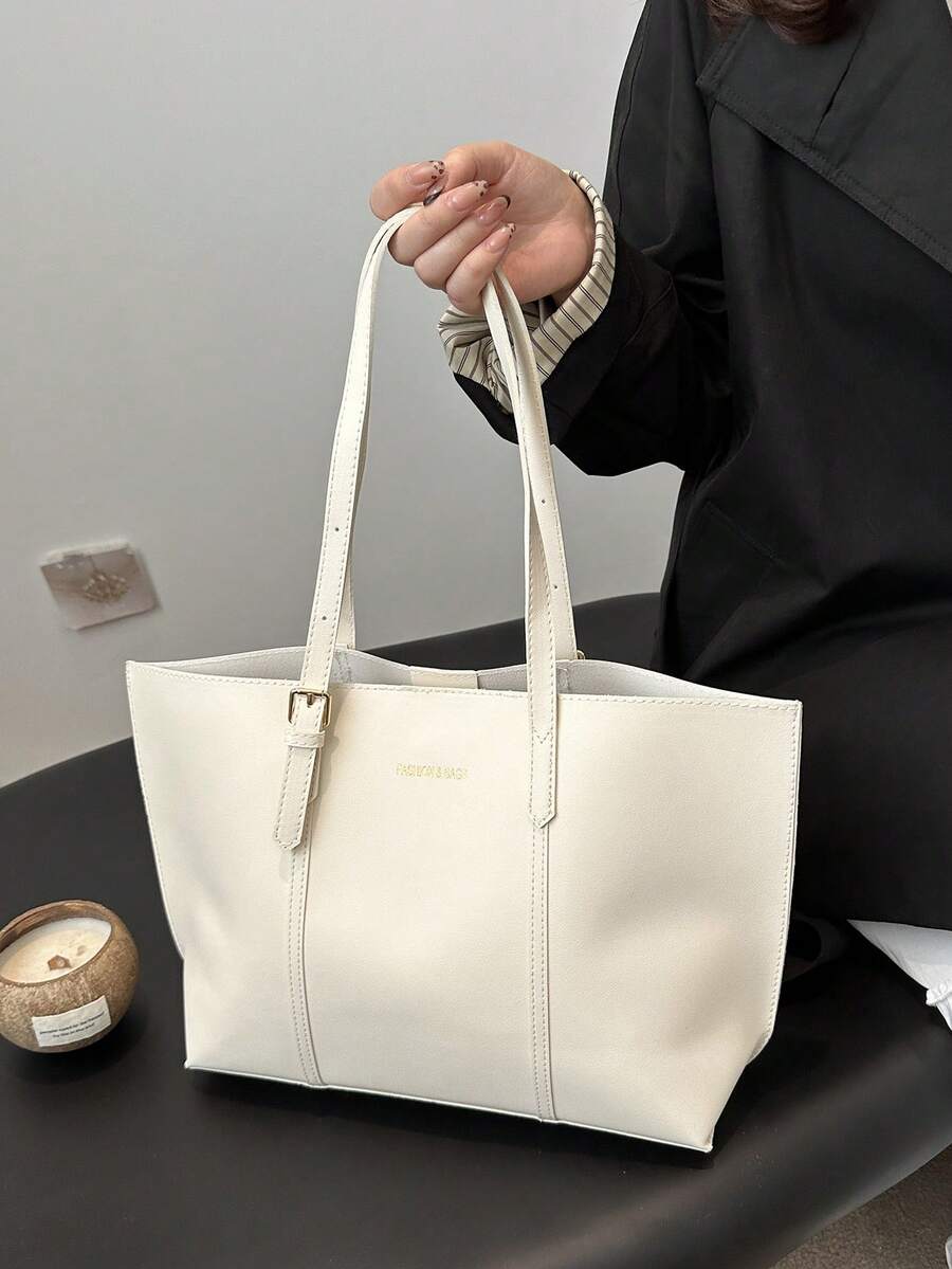 女士纯色大容量手提包，适合日常通勤、旅行、购物 - 白色 - 查看 1