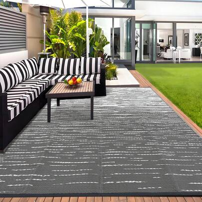 1Pcs Modern Abstract Pattern Outdoor Area Rug For Balcony Pool RV Waterproof Reversible Carpet Straw Plastic Camping Mat For Picnic Patio Deck Decor
