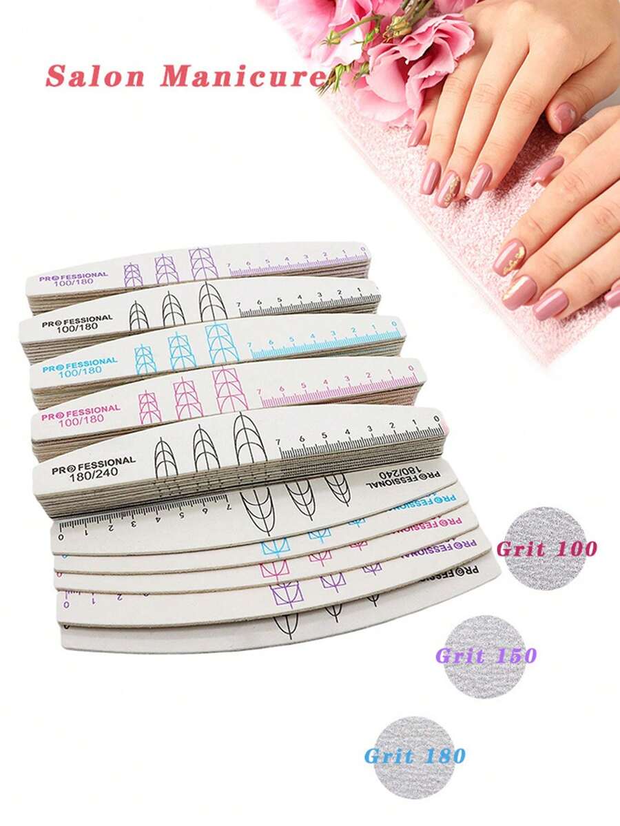 Bộ 5/10 dũa móng tay hình lưỡi liềm, dũa móng tay hai mặt chuyên nghiệp kèm thước đo độ dài móng, dụng cụ mài móng đơn giản, phù hợp cho các tiệm làm móng.