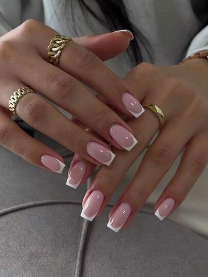 24pcs Set, Instantly Upgrade Your Manicure! Medium Square Nail Stickers - Nude French Pink & White Nails, Includes 1pc Glue And 1pc Nail File, Suitable For Summer Wear, Suitable For Women And Girls For Daily Wear, Also Suitable For Parties And Dances, Nail Art Supplies