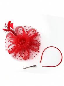 1 pieza Sombrero con velo para fiesta de té de damas, tocado encantador - Rojo - Ver 2