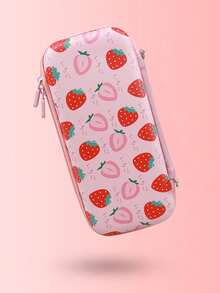 Portable Carrying Case, Cute Pink Strawberry Design With Shoulder Strap And Joystick Cap Set - View 4