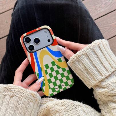 GIIPPA 1 Piece Colorful Wave Line And Green White Checkerboard Design Phone 17 Pro Max Case, Suitable For Phone 16 Pro Max, 15 Pro Max, 14 Pro Max, Korean Stylish And Interesting Phone Case, Compatible With 11/12/13/14/15/16 Pro Max Plus, Elegant Design Suitable For Both Men And Women, Ideal Gift For Girlfriend On Christmas, Valentine's Day, Easter, Wedding Season And Birthday