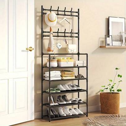 5-Tier Multi-Purpose Storage Rack,Hat Organizer Holder, Freestanding Coat Rack With 8 Double Hooks, 31.49 Inch Wide Hallway Shoe Rack, Entryway Coat Rack, Living Room, Bathroom, Hallway Shoe Rack Organization And Storage Home Decor Fall Decorations For Home Room Decor