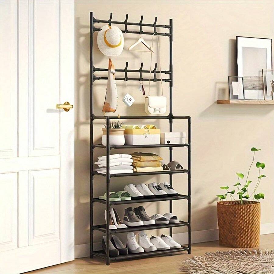 5-Tier Multi-Purpose Storage Rack,Hat Organizer Holder, Freestanding Coat Rack With 8 Double Hooks, 31.49 Inch Wide Hallway Shoe Rack, Entryway Coat Rack, Living Room, Bathroom, Hallway Shoe Rack Organization And Storage Home Decor Fall Decorations For Home Room Decor