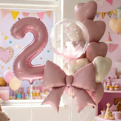 15pcs Pink Birthday Party Decorations, 40-Inch Pink 0-9 Foil Balloons, 18-Inch Clear Balloons, Pink Bow Balloons, 18-Inch Pink Cream Heart Balloons Suitable For Birthday Party, Princess Birthday, Anniversary, Room Decor